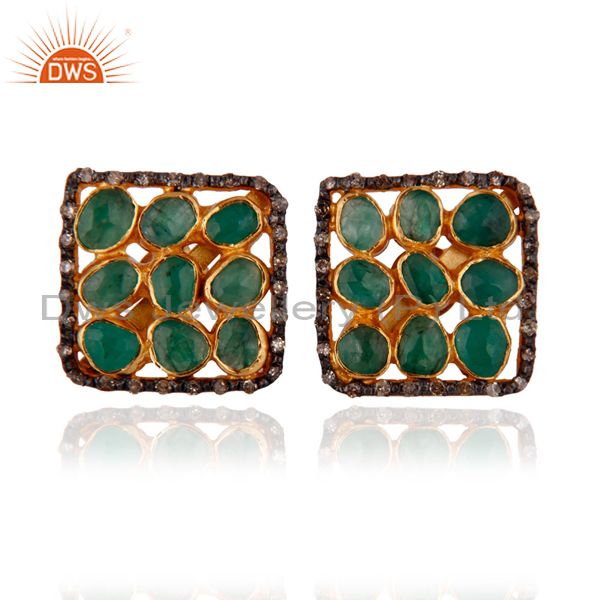 Natural Diamond Rough Slice Emerald Stud Earrings 18k Gold GP 925 Silver Jewelry