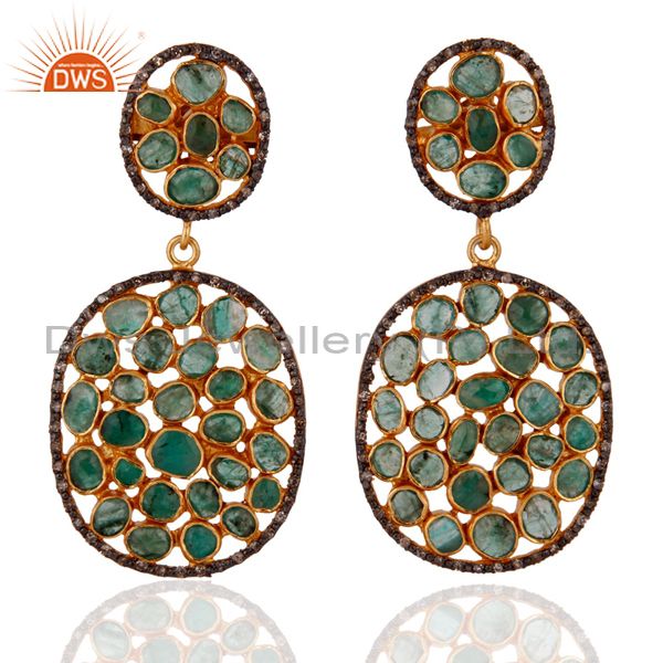 Pave Diamond Emerald Dangle Earrings Jewelry 18k Gold GP 925 Sterling Silver