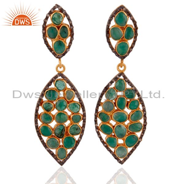 Pave Diamond .925 Sterling SIlver Emerald Slice Dangle Earrings With 24K Gold GP