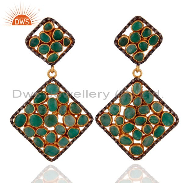 Sterling SIlver Emerald Gemstone Slice Pave Diamond Dangle Earrings 18K Gold GP