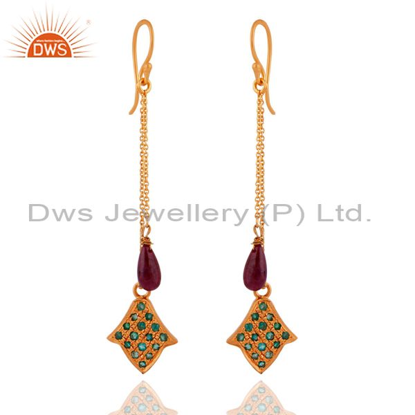 18k Gold Plated Over 925 Sterling Silver Eemerald Ruby Chain Dangle Earrings