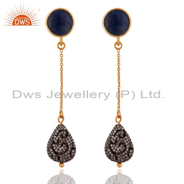 Natural Blue Sapphire Gemstones Dangle Pave Diamond 925 Silver Earrings Jewelry