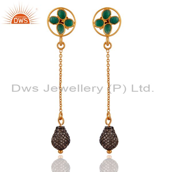 18K Yellow Gold Plated Sterling Silver Pave Diamond And Emerald Dangle Earrings