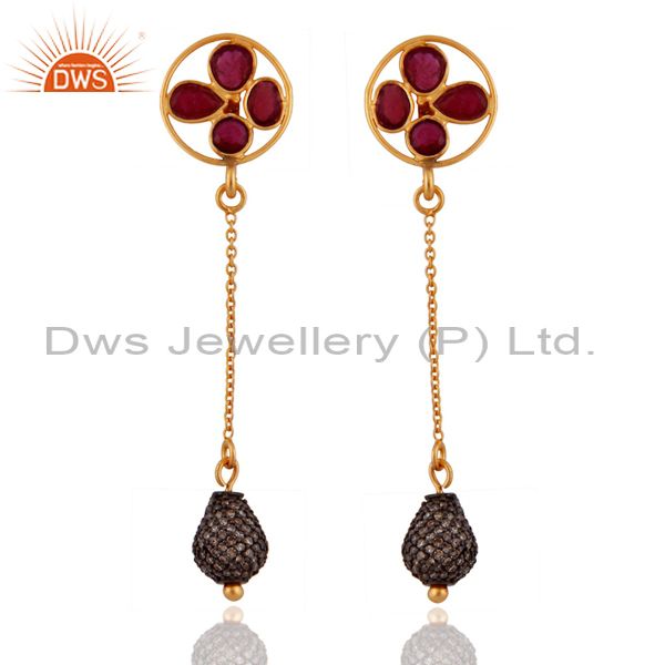 925 Sterling Silver Pave Diamond Beads Ruby Gemstone Dangle Fashion Earrings