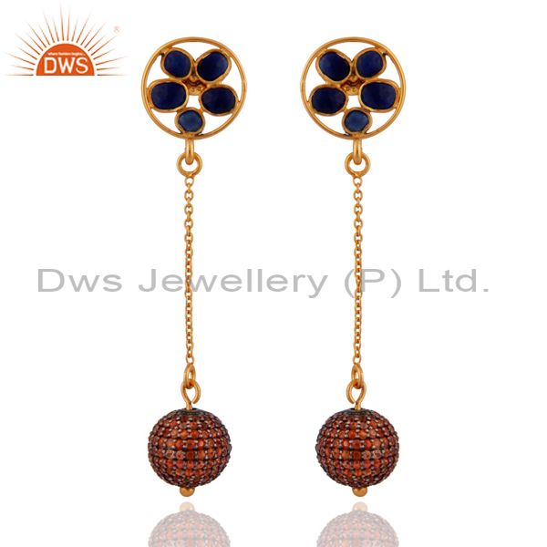 Pave Orange Sapphire Gemstone 18K Gold On Sterling Silver Chain Dangle Earrings