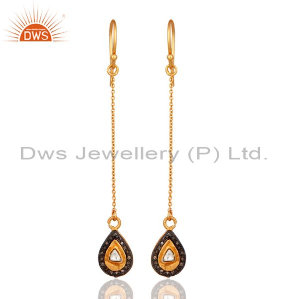 .925 Sterling Silver Diamond Rose-Cut Link Chain Dangling Hook Earrings
