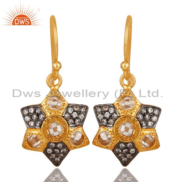14K Yellow Gold Plated Sterling Silver Cubic Zirconia Designer Drop Earrings