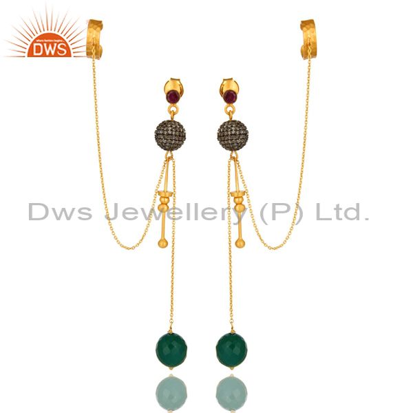 18K Yellow Gold Plated Silver Pave Set Diamond And Green Onyx Ear Cuff Earrings