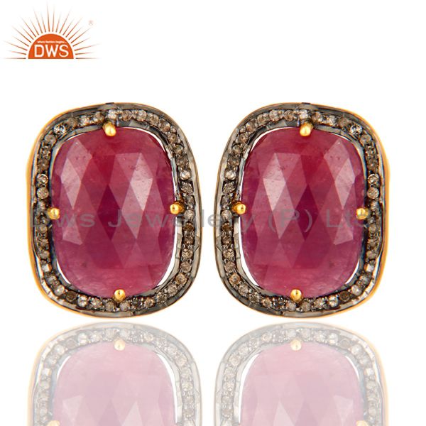 Pave Set Diamond Ruby Gemstone Stud Earring In 18K Gold Over Sterling Silver 925