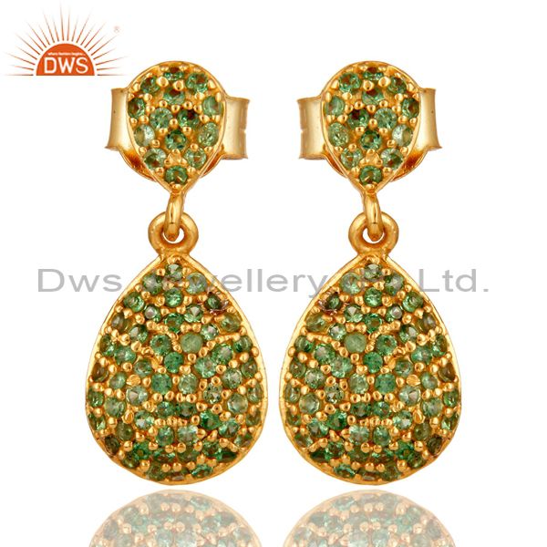 Pave Set Tsavourite 18K Yellow Gold Over Sterling Silver Dangle Earrings