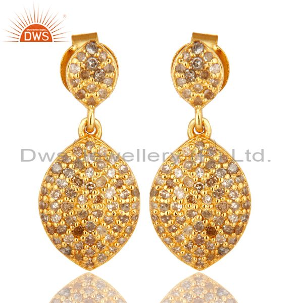 18K Yellow Gold Over Sterling Silver Pave Set Diamond Drop Earrings