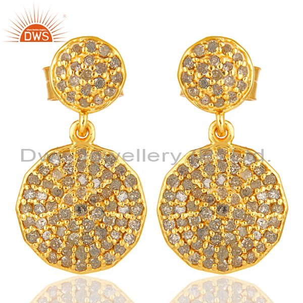 Pave Set Diamond Disc Dangle Earrings Made In 14K Yellow Gold On Sterling Silver