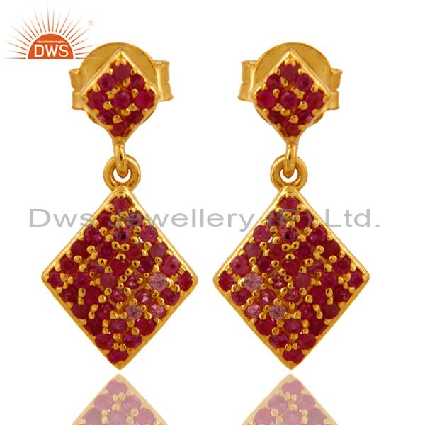 Natural Ruby Gemstone Sterling Silver Dangle Earrings - Yellow Gold Plated