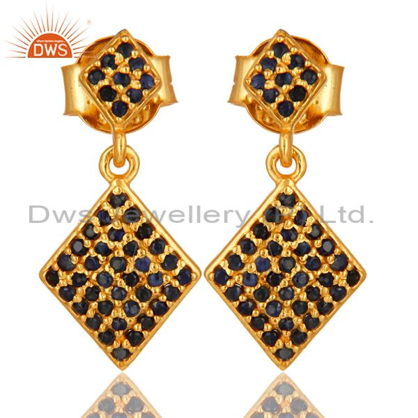 Pave Set Blue Sapphire Sterling Silver Drop Earrings With 14K Yellow Gold Plated