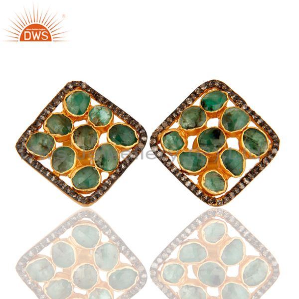 Natural Emerald And Pave Set Diamond 925 Sterling Silver Cushion Stud Earrings