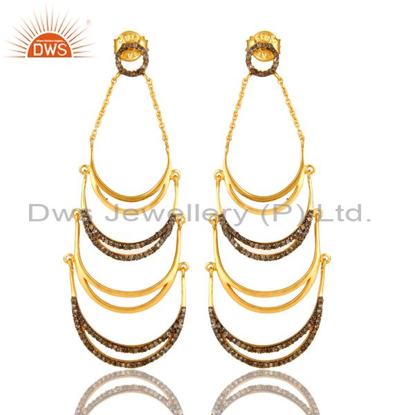 18K Yellow Gold Plated Sterling Silver Pave Set Diamond Dangle Earrings