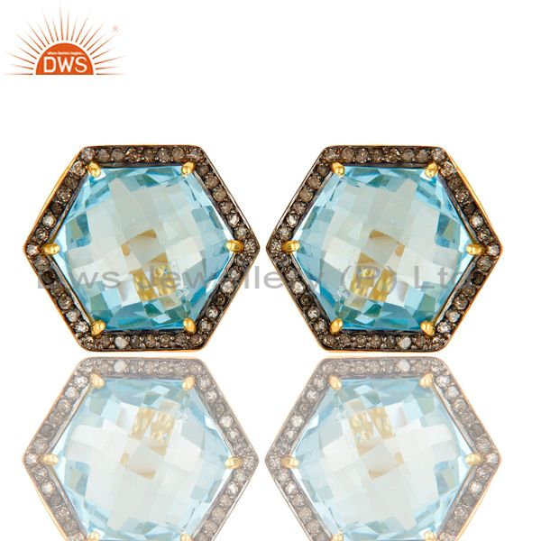 Blue Topaz And Pave Set Diamond Hexagon Stud Earrings Made In 18K Gold On Silver