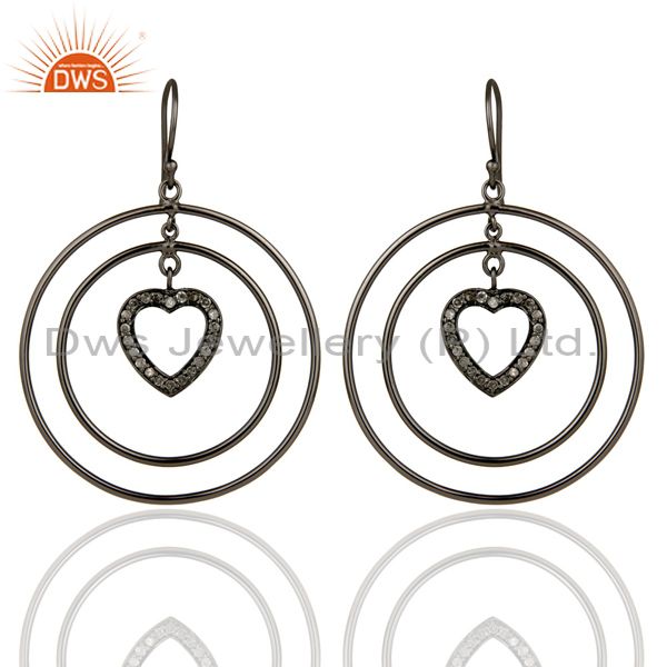 Oxidized Sterling Silver Pave Set Diamond Heart Design Circle Dangle Earrings