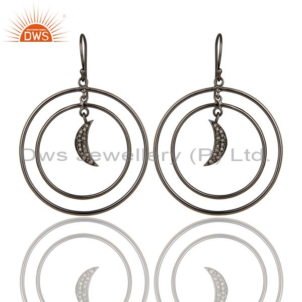 Oxidized Sterling Silver Pave Diamond Half Moon Charm Circle Dangle Earrings