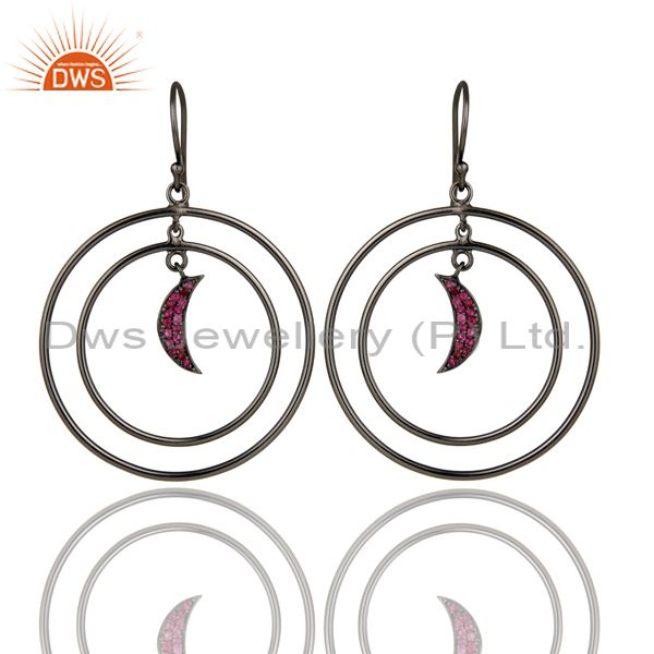 Oxidized Sterling Silver Natural Ruby Half Moon Charm Circle Dangle Earrings