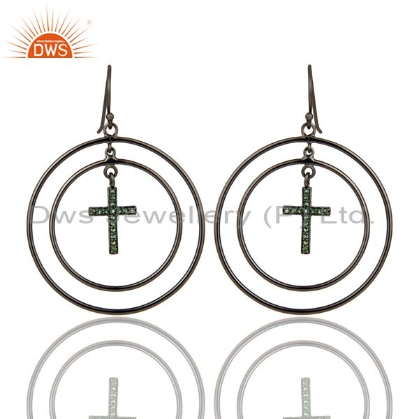 Oxidized Sterling Silver Pave Setting Tsavourite Cross Circle Dangle Earrings