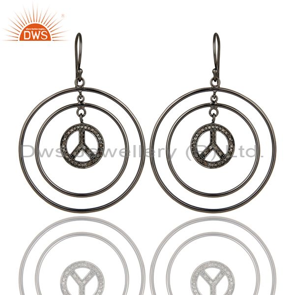 Oxidized Sterling Silver Pave Setting Diamond Peace Sign Circle Dangle Earrings