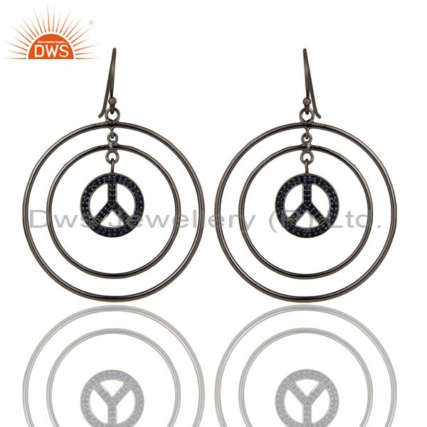 Oxidized Sterling Silver Pave Setting Blue Sapphire Peace Sign Dangle Earrings