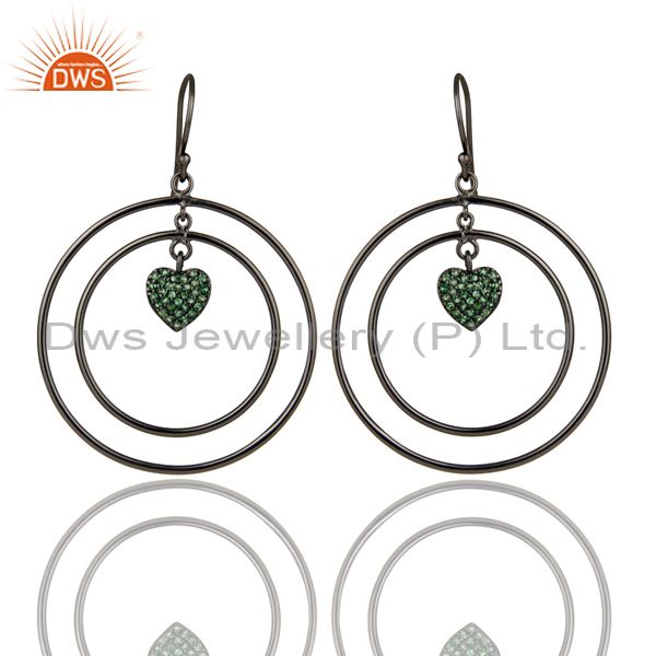 Oxidized Sterling Silver Pave Set Tsavorite Heart Design Circle Dangle Earrings