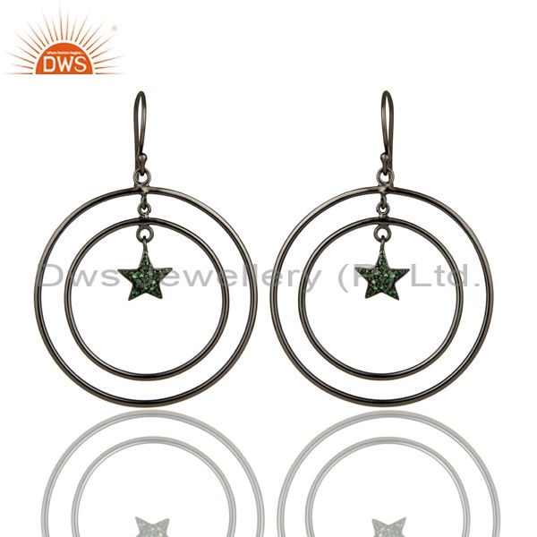 Oxidized Sterling Silver Pave Set Tsavorite Star Multi Circle Dangle Earrings