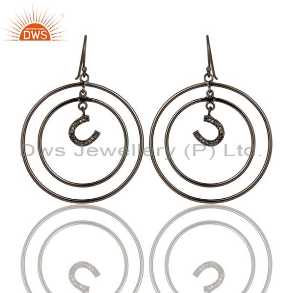 Oxidized Sterling Silver Pave Diamond Horseshoes Design Circle Dangle Earring