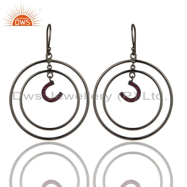 Oxidized Sterling Silver Pave Ruby Horseshoes Design Multi Circle Dangle Earring
