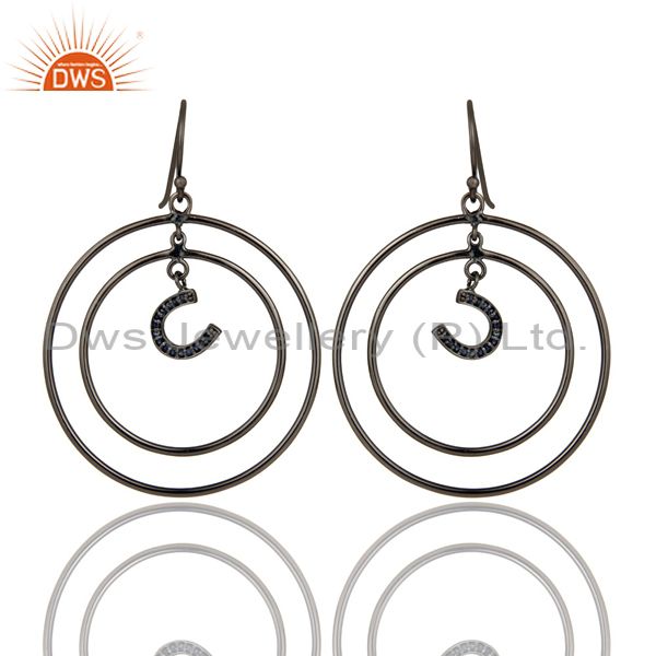 Oxidized Sterling Silver Pave Blue Sapphire Horseshoes Circle Dangle Earring