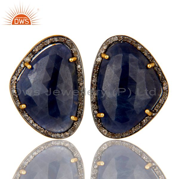 14K Gold Over Sterling Silver Pave Set Diamond And Blue Sapphire Stud Earrings