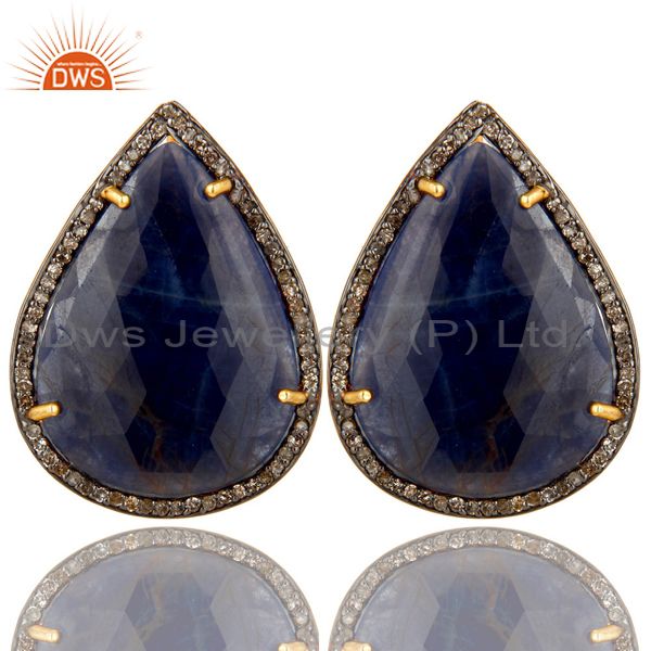 18K Gold Over Sterling Silver Pave Diamond And Blue Sapphire Drop Stud Earrings