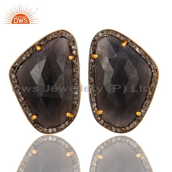 18K Yellow Gold Sterling Silver Blue Sapphire Pave Set Diamond Stud Earrings