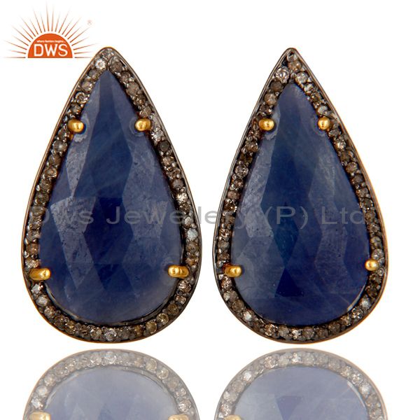 18K Yellow Gold Sterling Silver Pave Set Diamond Blue Sapphire Stud Earrings