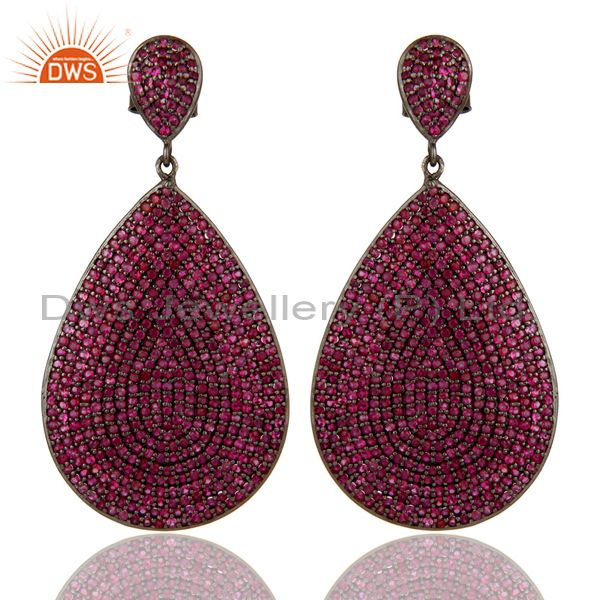 Oxidized Sterling Silver Pave Setting Natural Ruby Teardrop Earrings