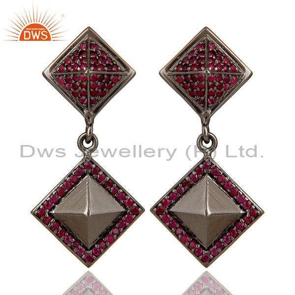 Oxidized Sterling Silver Pave Setting Ruby Birthstone Pyramid Dangle Earring