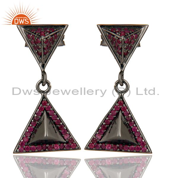 Pave Setting Ruby Oxidized Sterling Silver Pyramid Dangle Drop Earring