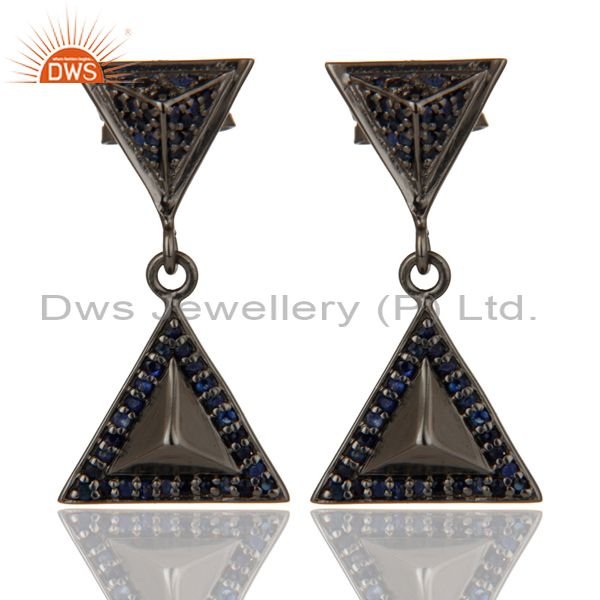 Pave Setting Blue Sapphire Oxidized Sterling Silver Pyramid Dangle Drop Earring