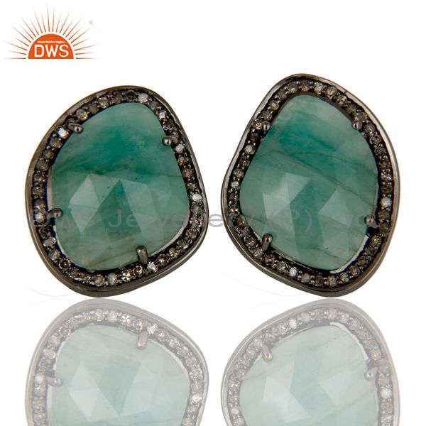 Emerald and Diamond Black Oxidized Sterling Silver Stud Earring