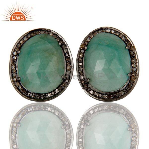Oxidized Sterling Silver Diamond and Emerald Stud Earring