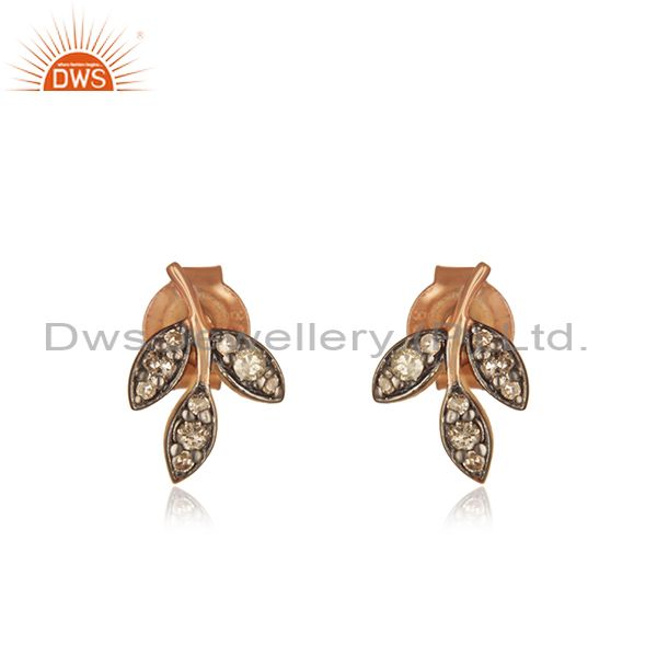 Leaf Design Rose Gold Plated Pave Diamond Stud Earrings Supplier