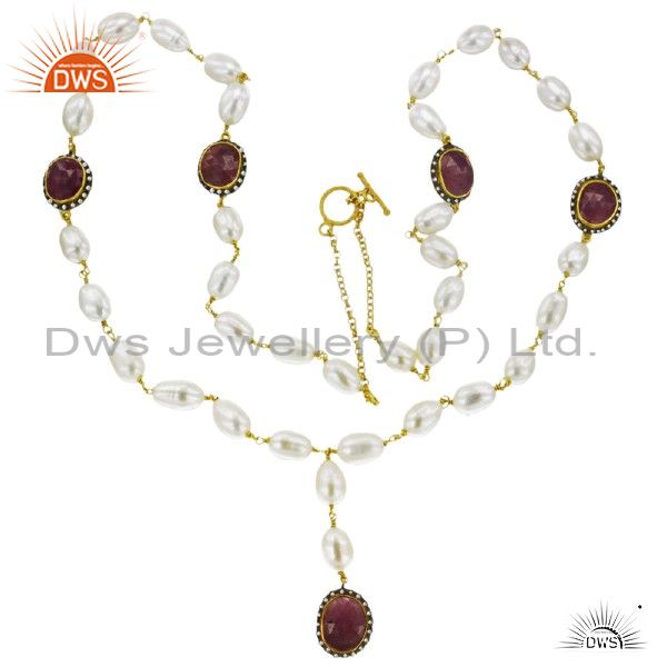 189 ct pearl/ruby diamond beads 18 k gold plated 925 silver chain fashion necklace