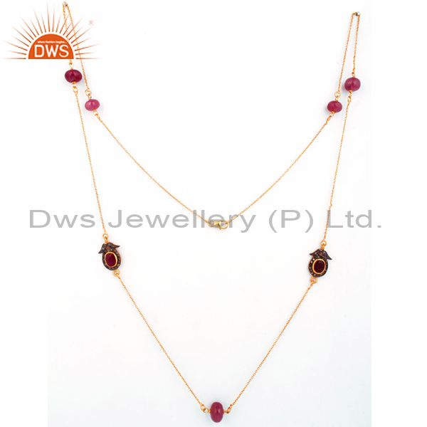Natural ruby gemstone beads 22k gold over sterling silver chain necklace jewelry