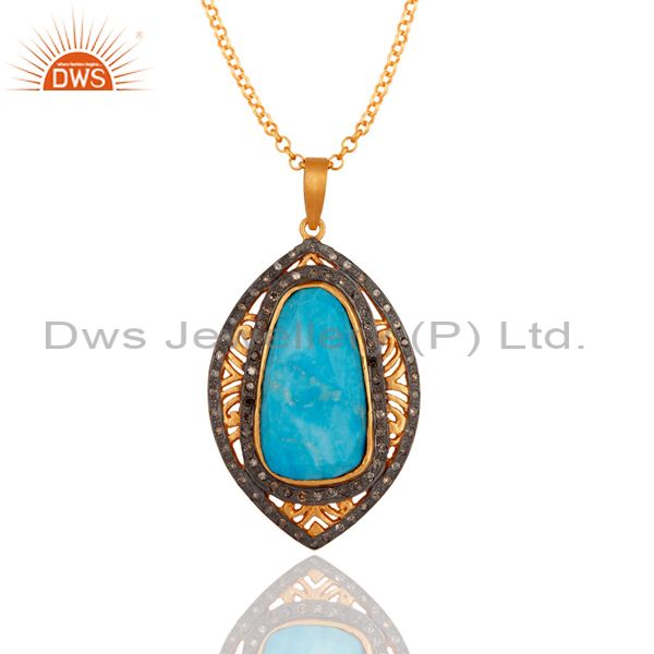 18k gold over sterling silver turquoise gemstone pave diamond designer pendant