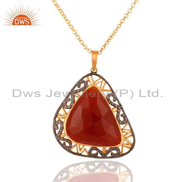 Designer 925 sterling silver pave diamond red onyx gemstone pendant with chain
