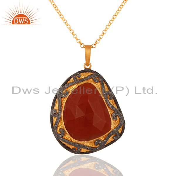 Faceted red onyx 925 sterling silver studded natural diamond pendant necklace