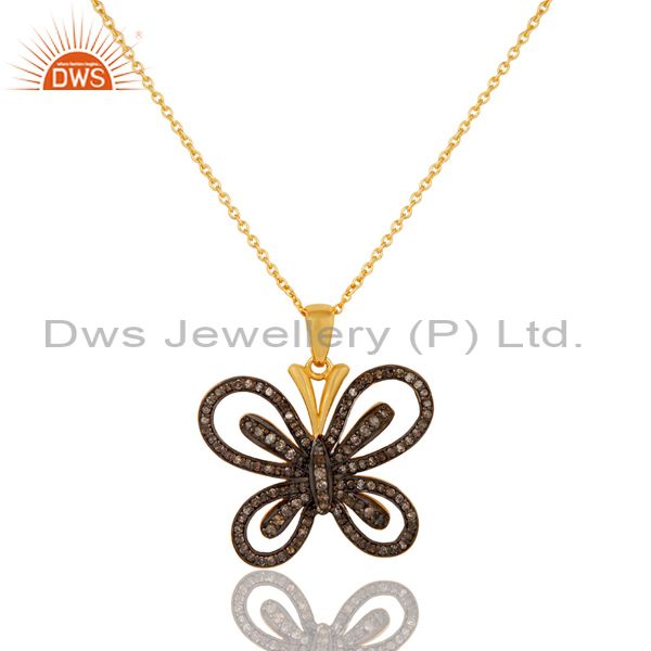 Diamond and 18k gold plated sterling silver butterfly pendant necklace