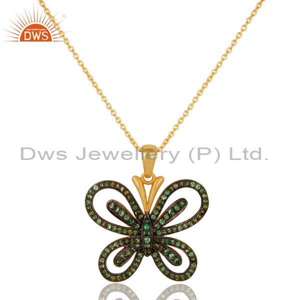 Tsavourite and 18k gold plated sterling silver butterfly pendant necklace